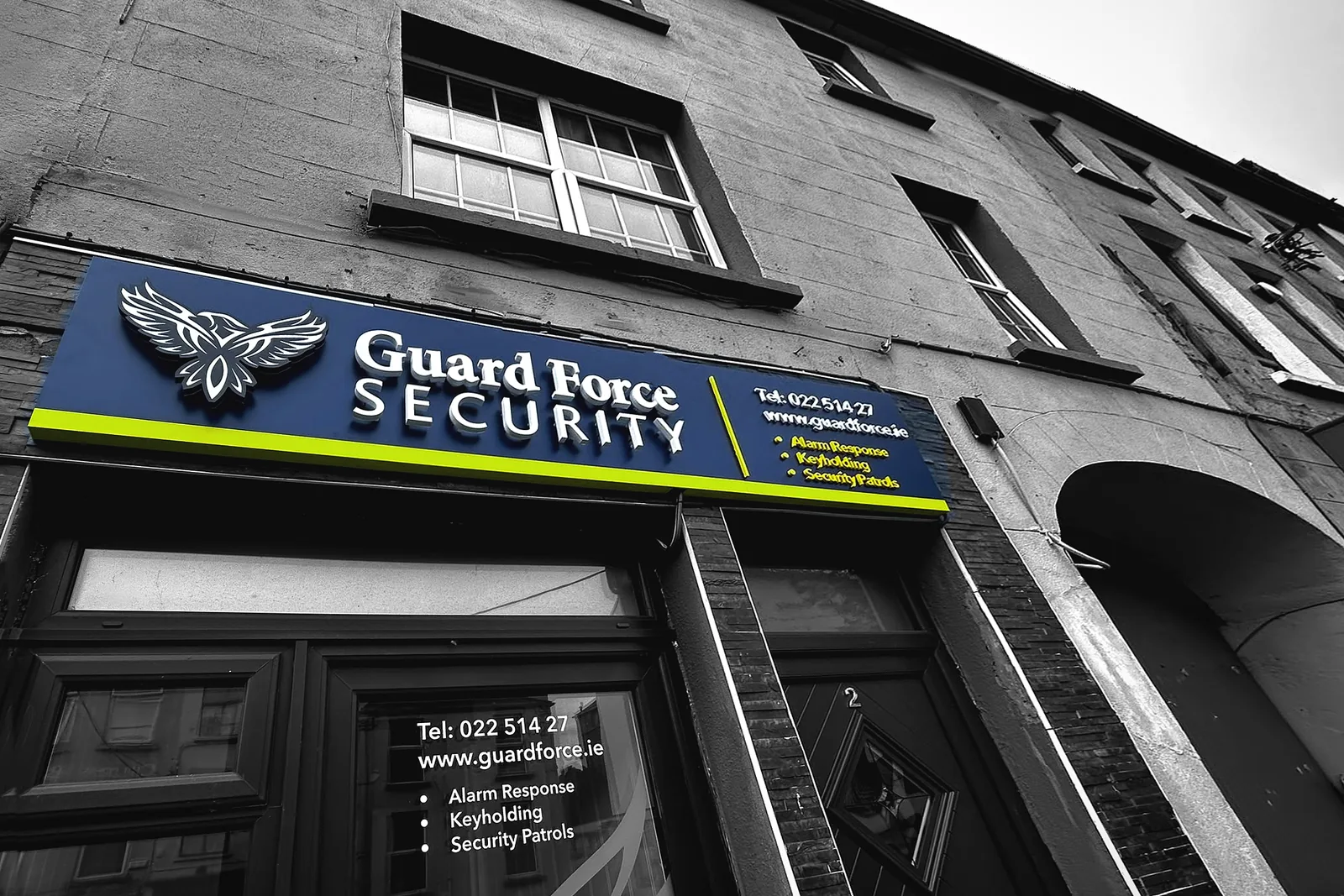 Guard Force Security office and illuminated shop front sign at 139 Bank Place, Mallow, Co. Cork